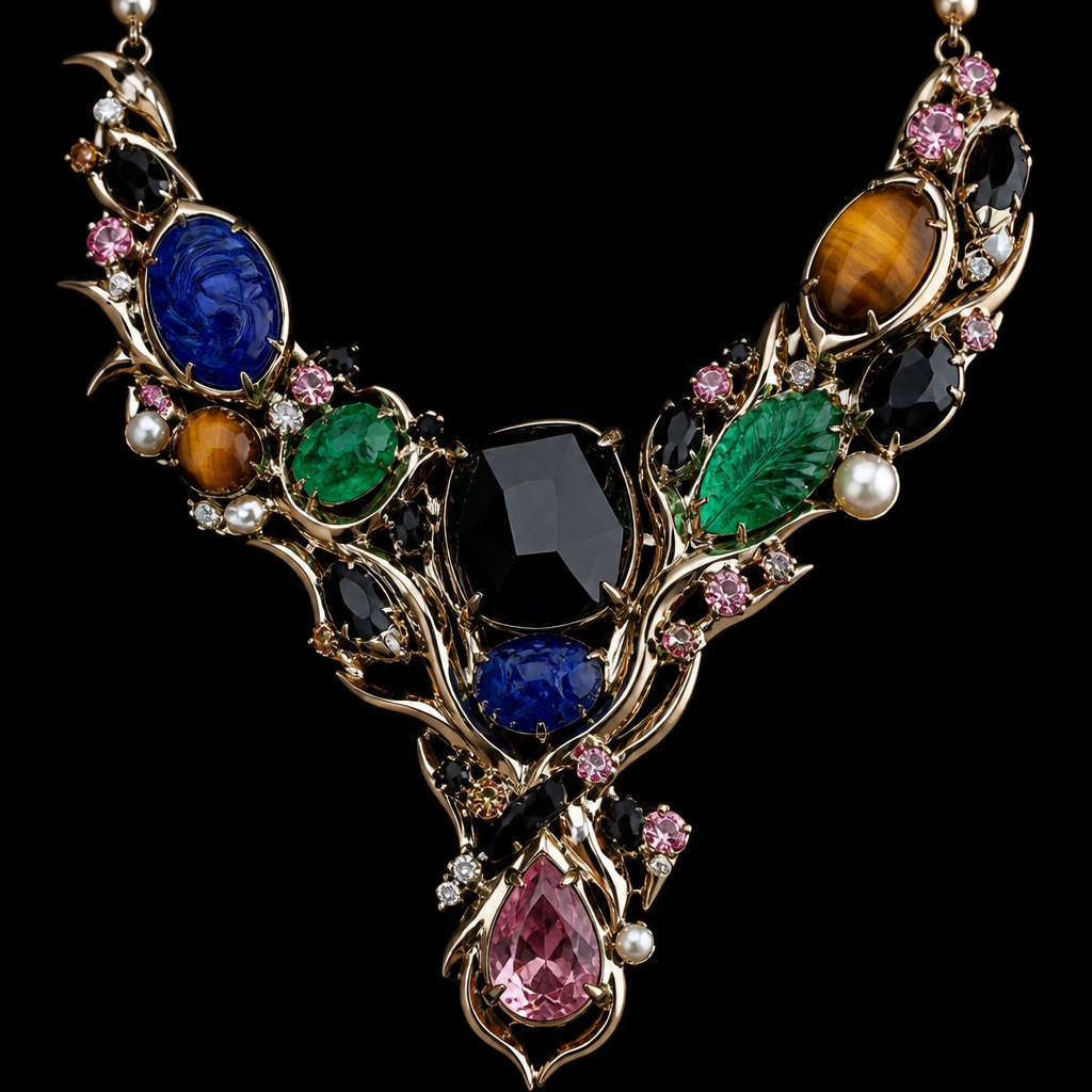 Sapphire emerald pearl pink diamond diamond obsidian tiger
photorealistic jewelry design, Sapphire emerald pearl pink diamond diamond obsidian tiger , avant_garde style, just the design no text
