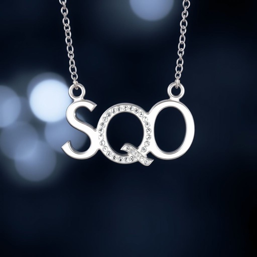 silver necklace with the pendant in letter letters SQ with white  stones. Make it cute and simple 