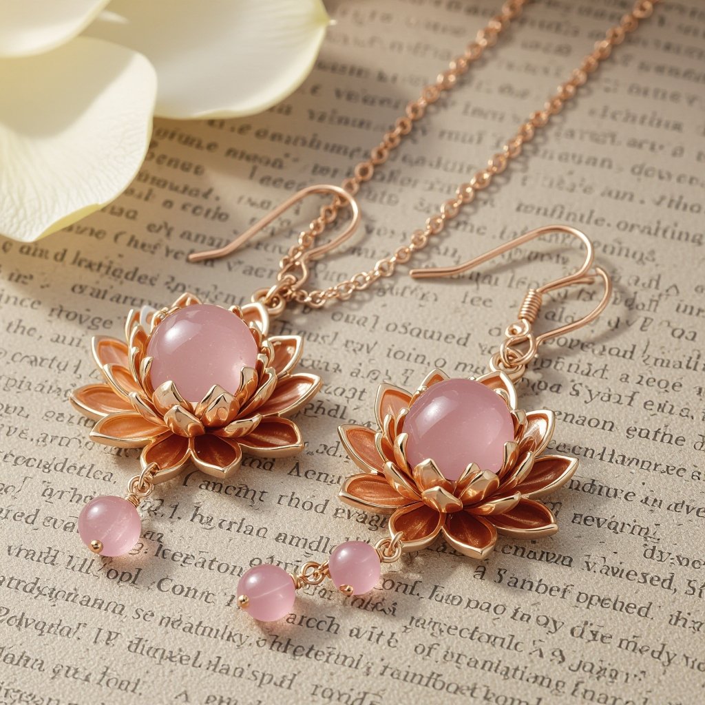 Светлое матовое золото. Серьги с лотосом на длинных цепочках. По центру лотоса неровный камень необрабаботанного розового кварца, от лотоса идет цепочка с еще одним камнем кварца на конце. Серьги тонкие и легкие