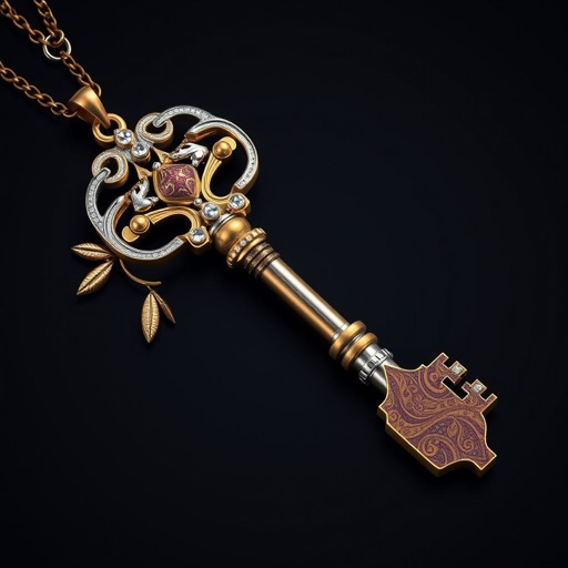 Old skeleton key shape gold and silver tones with olive branch turning on leg and keffieh print on the tip