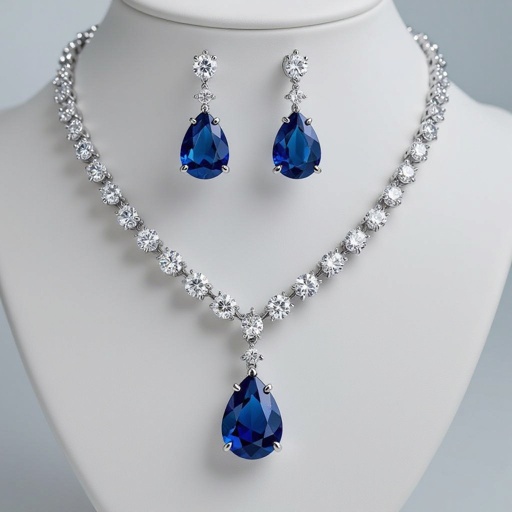 luxury necklace style and luxury earring set Platinum necks lace, sapphire , diamond accents, prong setting. Matching platinum earrings, sapphire pear drops, diamond accents, prong setting.
