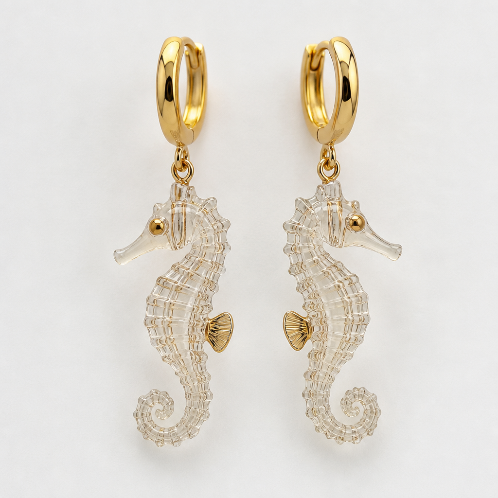 A women's earrings. cavalo marinho transparente em resina e aço inoxidável dourado
photorealistic jewelry design, A women's earrings. cavalo marinho transparente em resina e aço inoxidável dourado, modern style, just the design no text