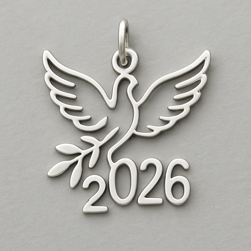 Silver cut-out charm blending together only the two spread out wings of a bird, an olive branch and  along year 2026