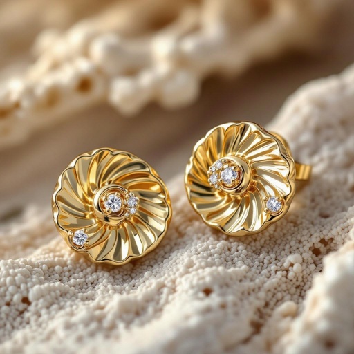 Золотые серьги в виде золотой спиральной ракушки украшенной тремя маленькими камнями 