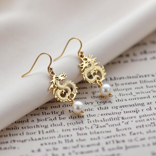 Золотые матовые серьги с изображением дракона узоры и жемчуг 