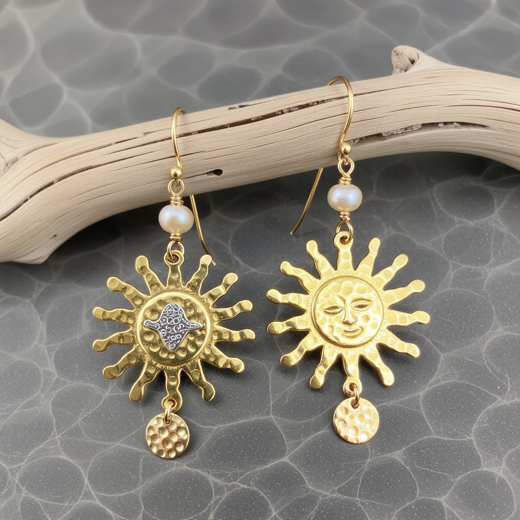 Золотые серьги словно мятое золото в форме солнца с волнистыми лучами крепится к застежке серьги. К нижней части солнца крепятся подвески: миниатюрная серебристая луна, очень маленький жемчуг и маленький золотой кружочек с мятым эффектом плоский