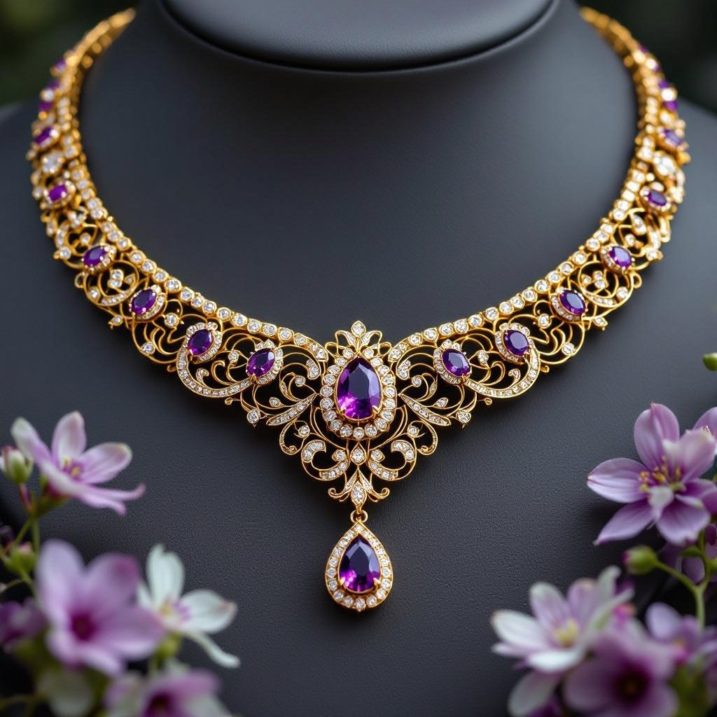 Golden necklace with diamonds and violet gems