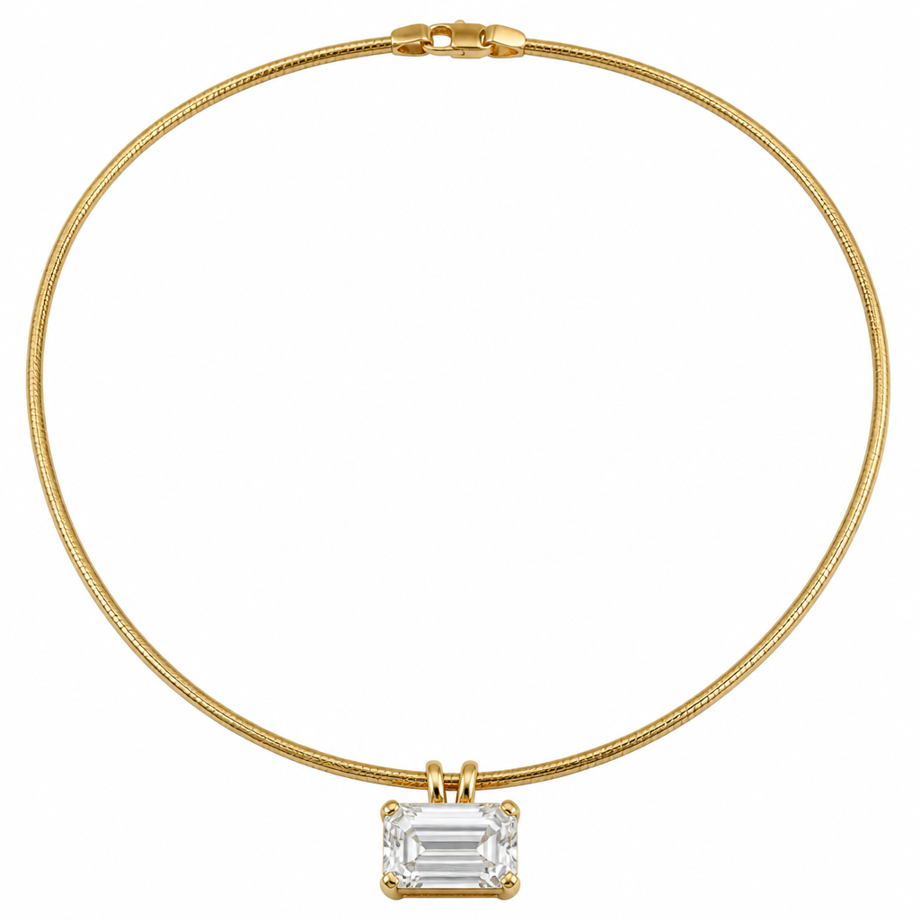 A 10ct emerald cut diamond that is 14mmx10mm. Diamond is set in a 14kt yellow gold basket setting, prong set, low profile, east to west orientation (horizontal). Double D slide bail on a 4mm omega chain 14inches. All metal is yellow gold. Show the whole chain too
photorealistic jewelry design, A 10ct emerald cut diamond that is 14mmx10mm. Diamond is set in a 14kt yellow gold basket setting, prong set, low profile, east to west orientation (horizontal). Double D slide bail on a 4mm omega chain 14inches. All metal is yellow gold. Show the whole chain too, modern style, just the design no text