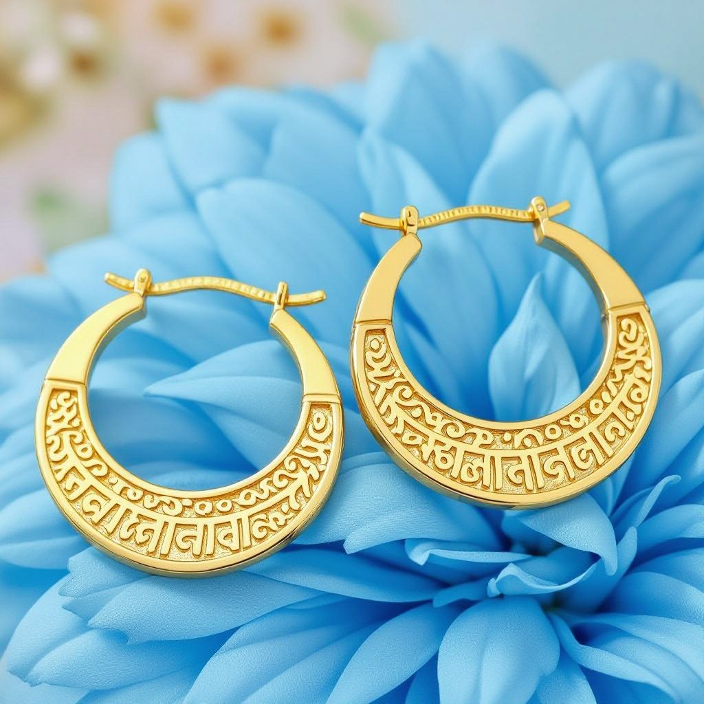 Серьги золотые в форме полукруга, полукруг как продолжение застежки, на полукруге надписи мантрами на санскрите