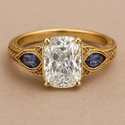 2 carat elongated cushion cut diamond engagement yellow gold ring with marquise shaped alexandrite side stones 