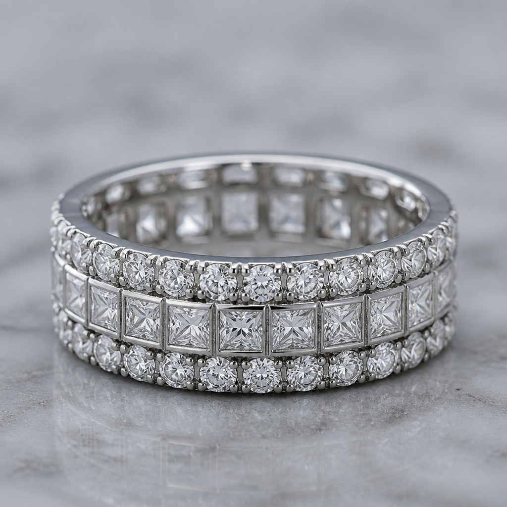 A women's ring made of platinum with diamond stones. eternity ring with a mixture of round and square princess cut diamonds I'd like it to be a thickish band taste like it was maybe 3 rows. The centre row square cup, princess diamonds and the outer rows round.Maybe some negative space
photorealistic jewelry design, A women's ring made of platinum with diamond stones. eternity ring with a mixture of round and square princess cut diamonds I'd like it to be a thickish band taste like it was maybe 3 rows. The centre row square cup, princess diamonds and the outer rows round.Maybe some negative space, modern style, just the design no text