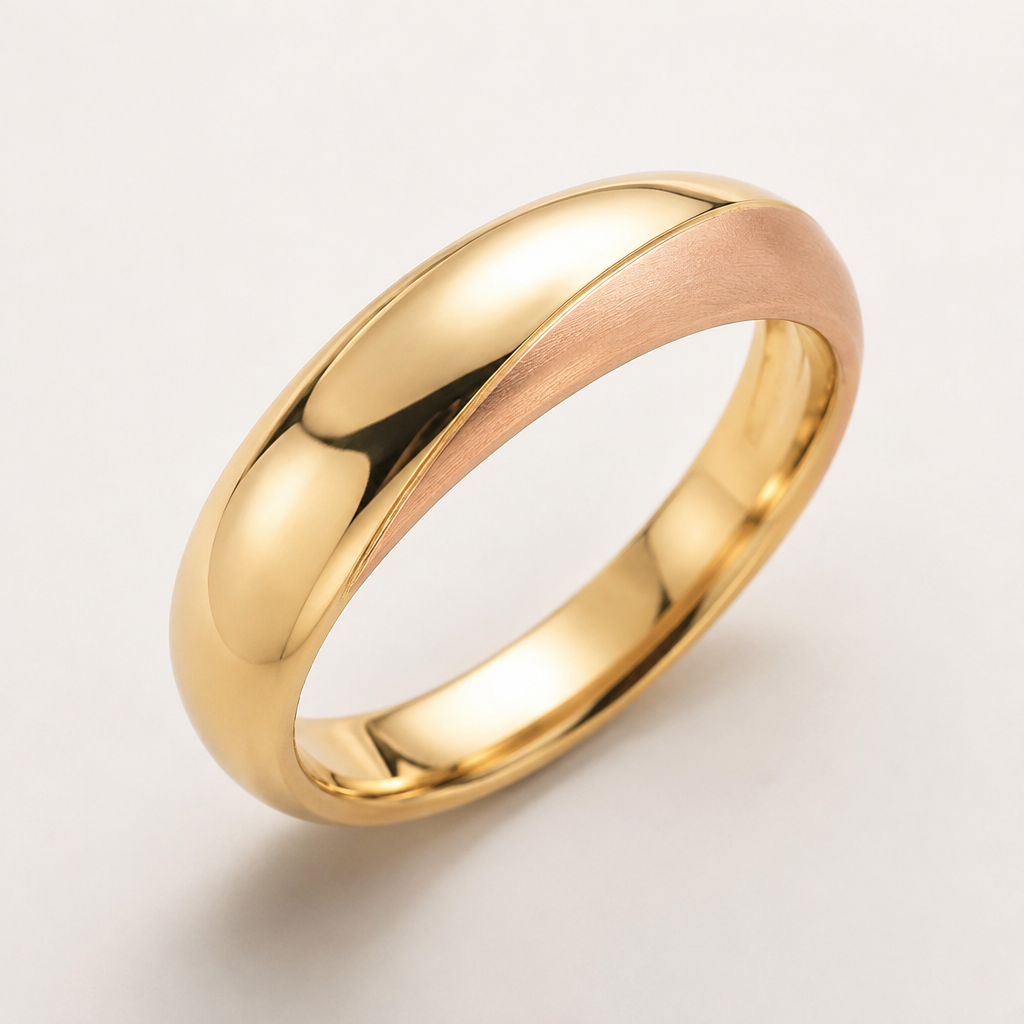 A women's ring. delicada aliança abaulada com 70% em ouro amarelo brilhante e 30% em ouro rosé fosco na mesma espessura
photorealistic jewelry design, A women's ring. delicada aliança abaulada com 70% em ouro amarelo brilhante e 30% em ouro rosé fosco na mesma espessura, modern style, just the design no text