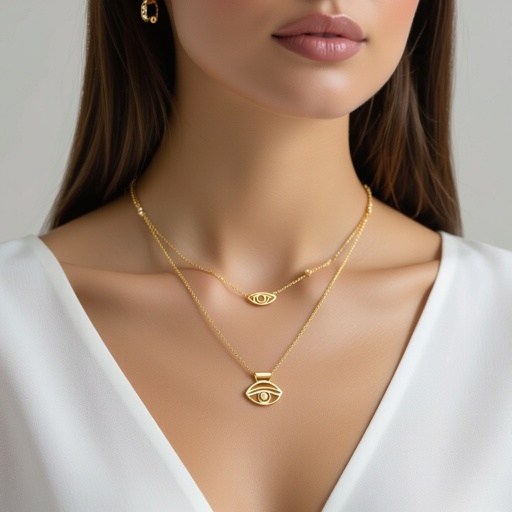 Кулон на длинной цепочке. Матовое светлое золото. В цепочке небольшие золотые шарики и жемчуг. Кулон это перевернутый глаз, снизу еще два глаза узоры завитушки 