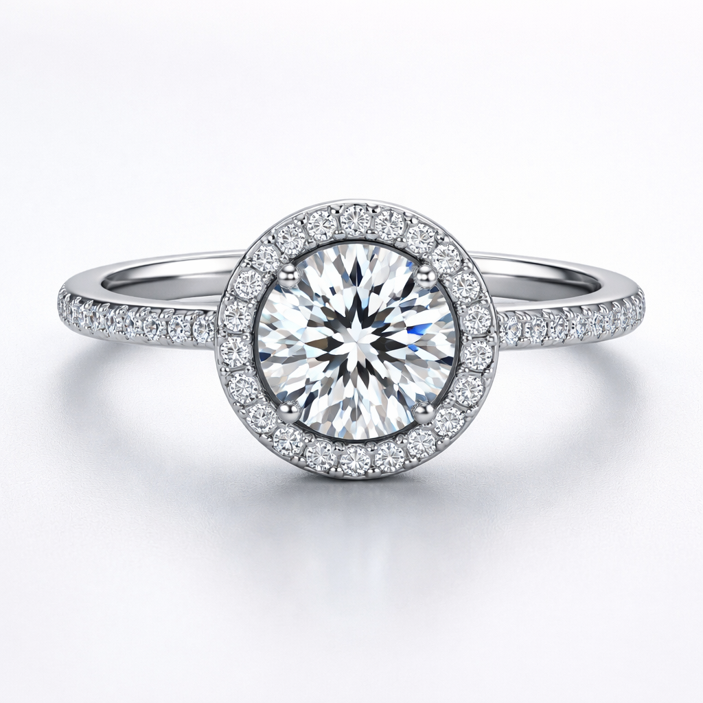 Round center stone with halo around stone
Round center stone with halo around stone , modern style