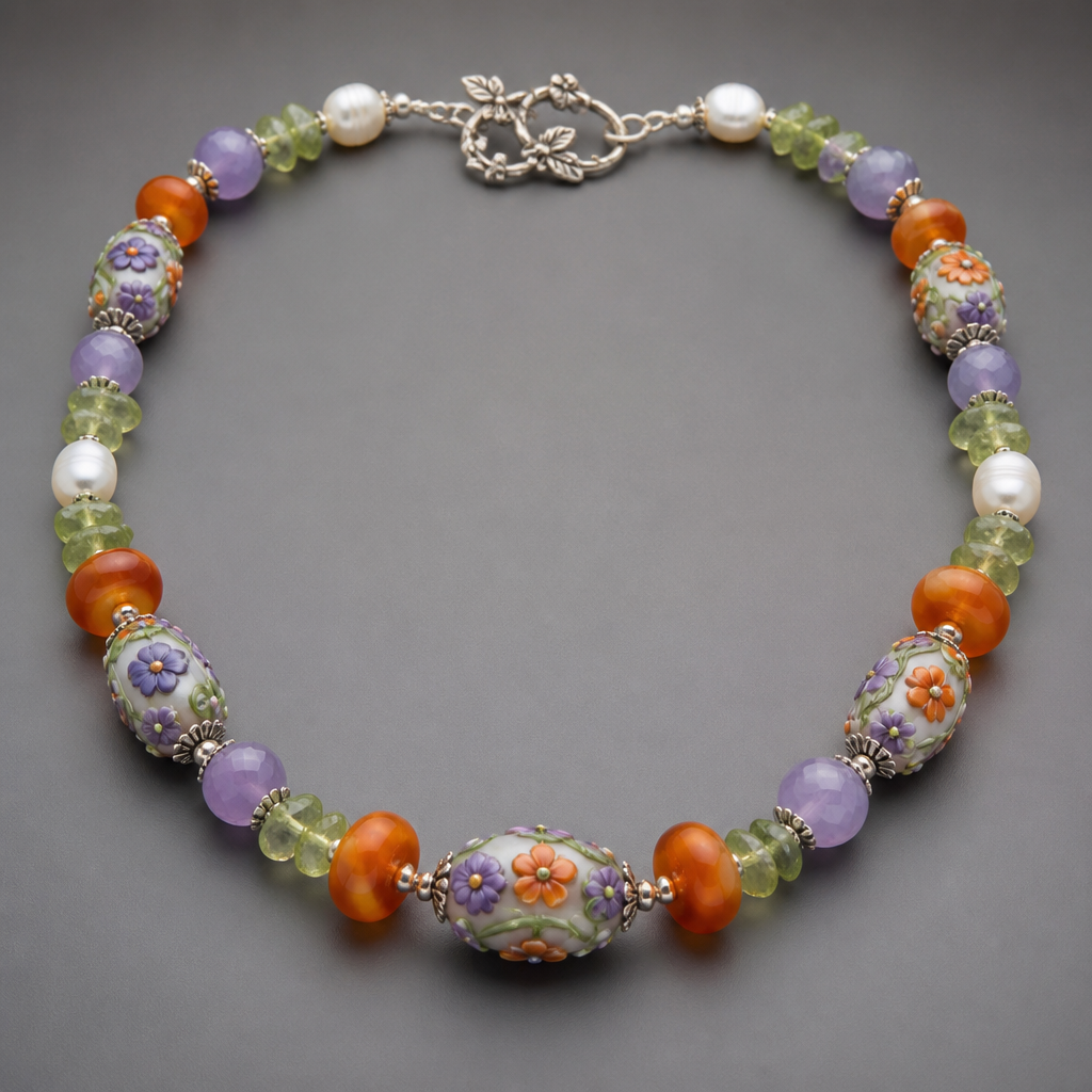 Lamp work beads with orange white purple flowers with green vines 14mm x 8mm, lavender faceted opaque crystals 7.5mm rounds, potato shaped white freshwater pearls 9mm, peridot chips 7.5mm, orange carnelian rondels 9.5mm x 5mm necklace
photorealistic jewelry design, Lamp work beads with orange white purple flowers with green vines 14mm x 8mm, lavender faceted opaque crystals 7.5mm rounds, potato shaped white freshwater pearls 9mm, peridot chips 7.5mm, orange carnelian rondels 9.5mm x 5mm necklace , art_nouveau style, just the design no text