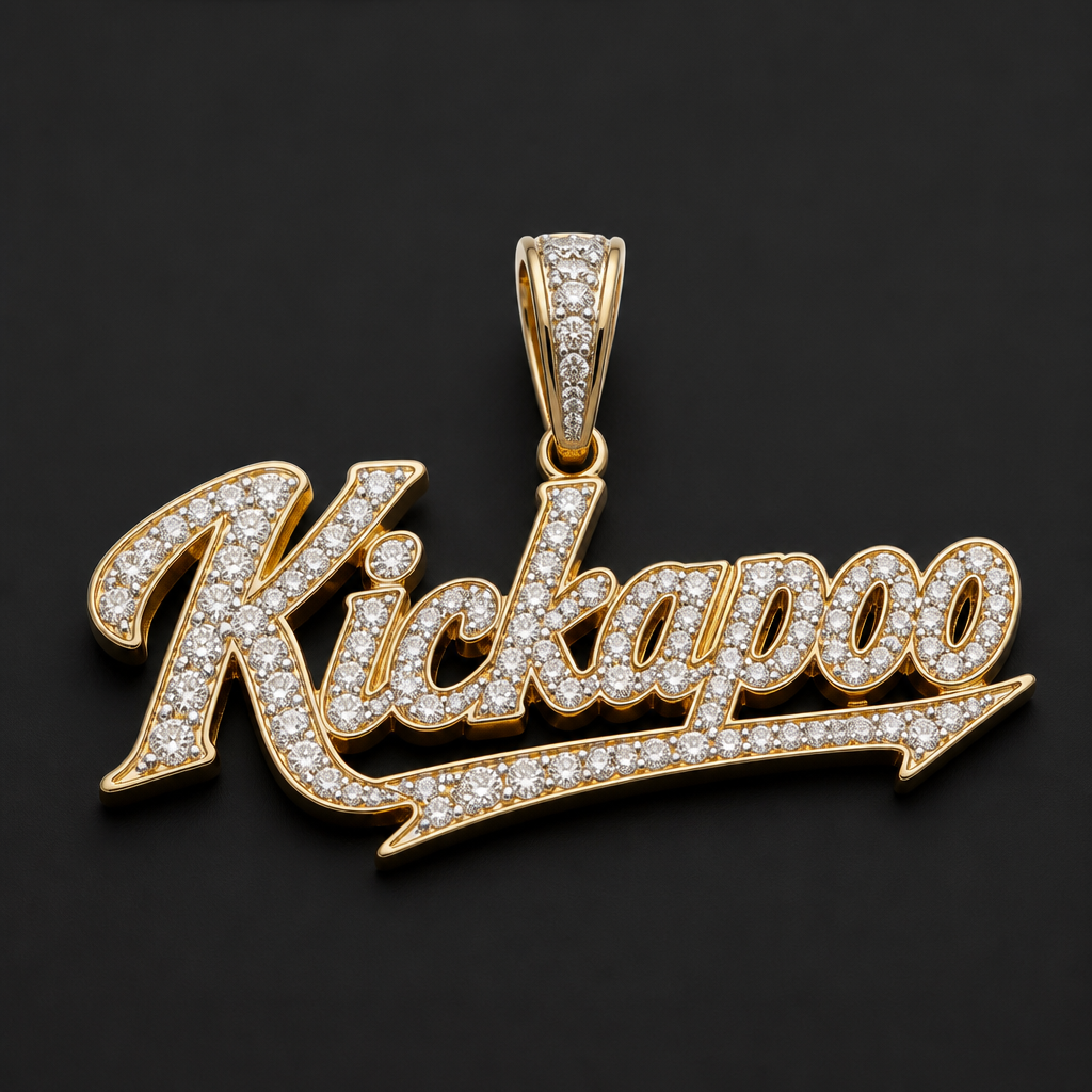 A men's pendant made of silver with diamond stones. A gold plated 925 sterling silver diamond. pendant lettering Kickapoo
photorealistic jewelry design, A men's pendant made of silver with diamond stones. A gold plated 925 sterling silver diamond. pendant lettering Kickapoo, modern style, just the design no text
