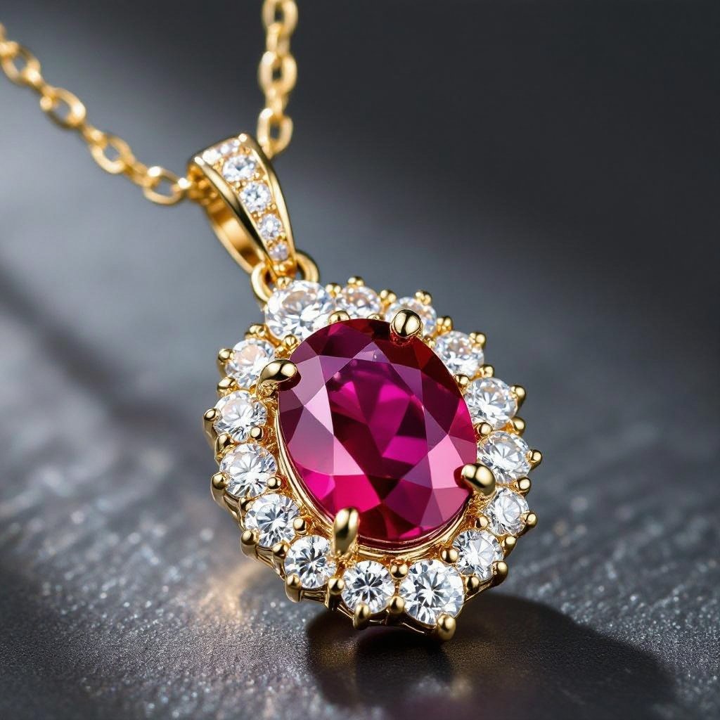 Oval center stone ruby 1.18 carat measuring .40mm. X 4.8mm with 8 marquis diamonds 0.08 carats each pendant 