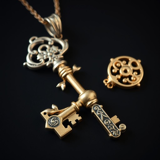 Old skeleton key shape gold and silver tones with olive branch turning on leg and keffieh print on the tip