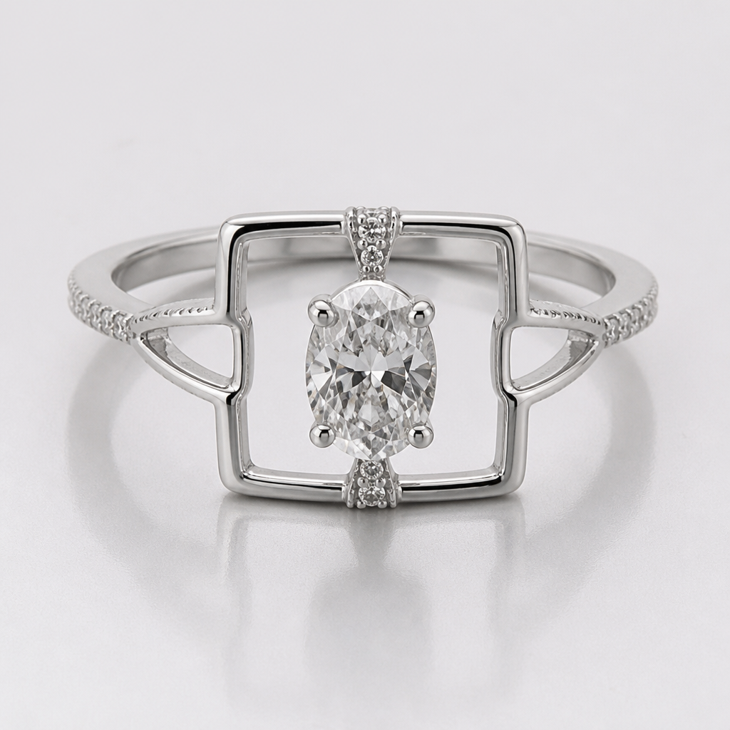 A women's ring made of silver with diamond stones. bague sertie d'un diamant oval, à l'intérieur du carré feminin travaillé et delicat, minimaliste metal fin
photorealistic jewelry design, A women's ring made of silver with diamond stones. bague sertie d'un diamant oval, à l'intérieur du carré feminin travaillé et delicat, minimaliste metal fin, modern style, just the design no text