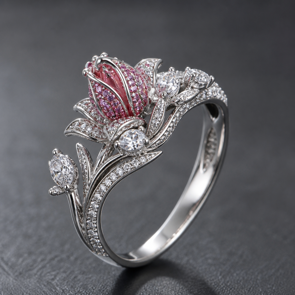 A women's ring, highly ornate, intricate and elaborate, richly detailed. خاتم ألماس كاتاج فيه وردة صغيرة لورد التوليب
photorealistic jewelry design, A women's ring, highly ornate, intricate and elaborate, richly detailed. خاتم ألماس كاتاج فيه وردة صغيرة لورد التوليب, modern style, just the design no text