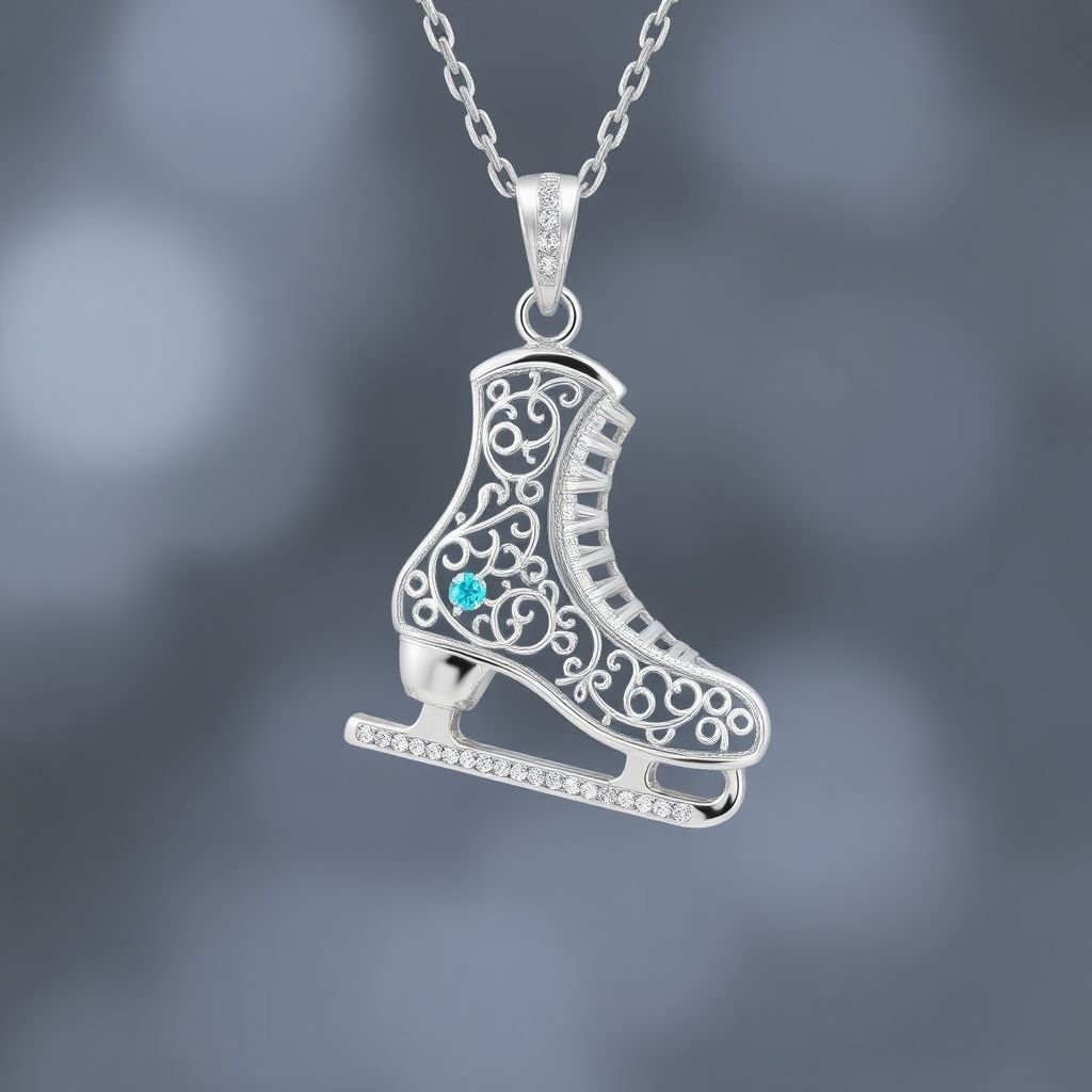 Silver Pendant shape one ice skate with turquoise stripe inside the low thin part blade 