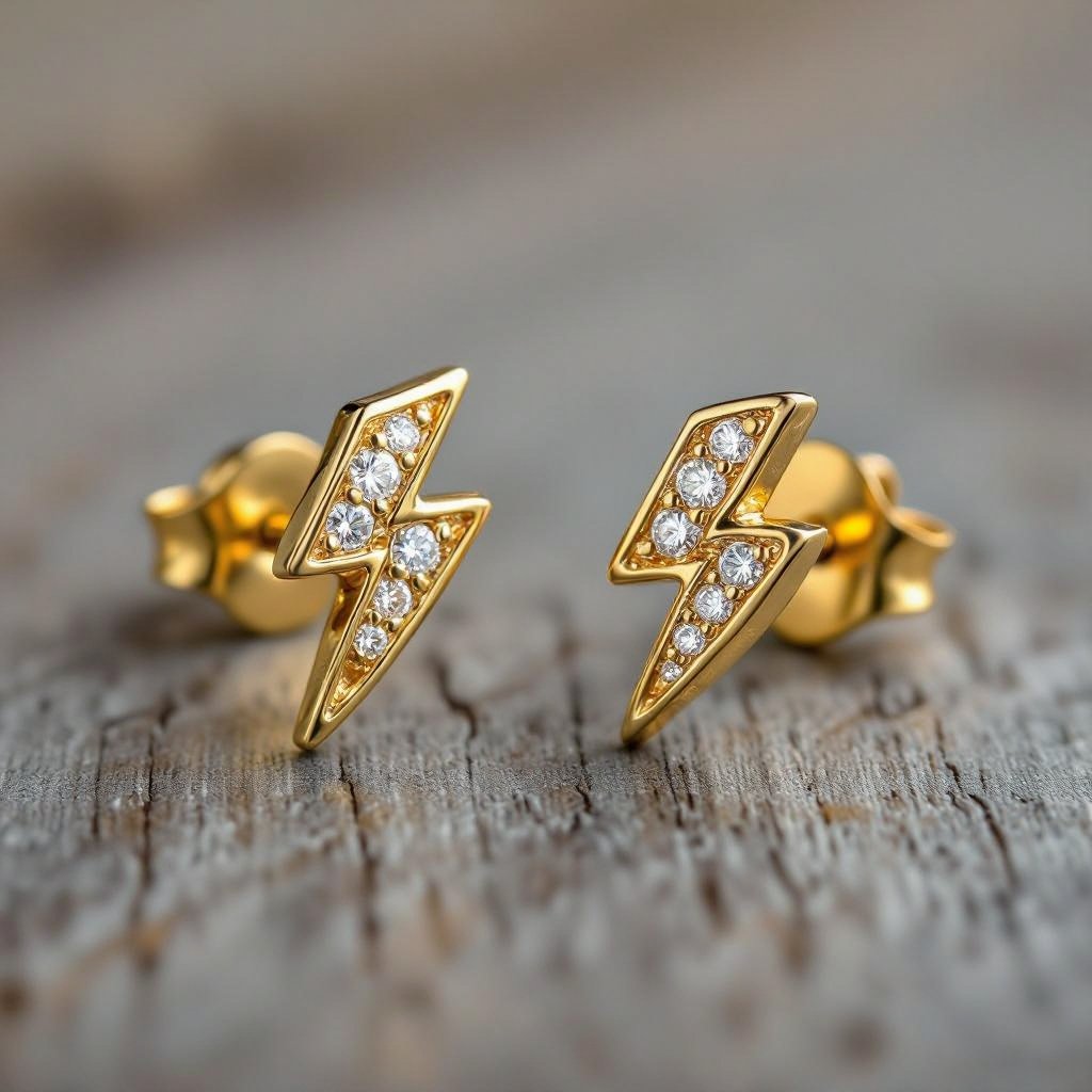 Lightning shaped earrings gold with stud and without the gem and without diamonds