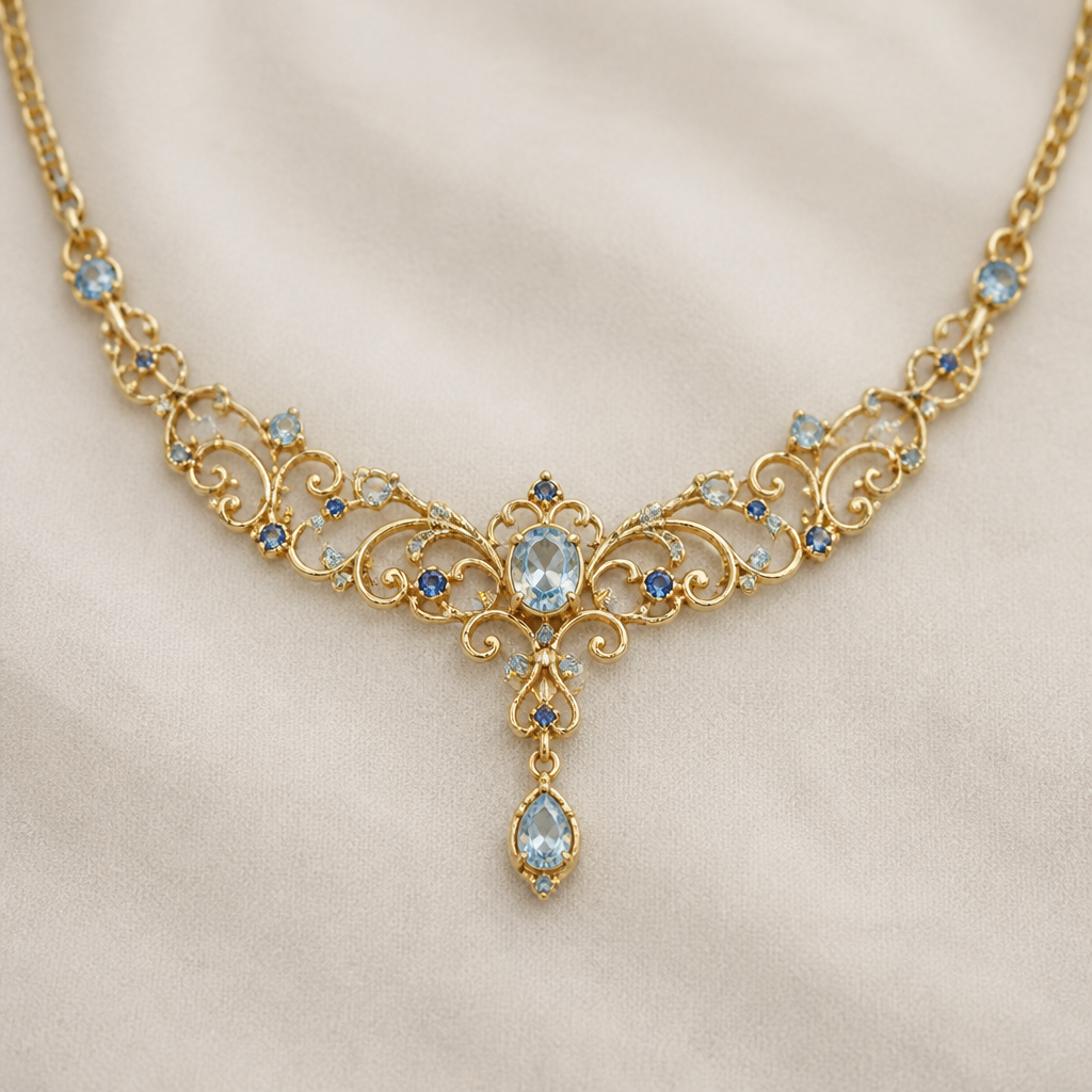 A filigree women's necklace made of gold with topaz and sapphire stones suitable for daily wear, highly ornate, intricate and elaborate, richly detailed. delicado y sencillo con pequeñas aguamarinas
photorealistic jewelry design, A filigree women's necklace made of gold with topaz and sapphire stones suitable for daily wear, highly ornate, intricate and elaborate, richly detailed. delicado y sencillo con pequeñas aguamarinas, filigree style, just the design no text