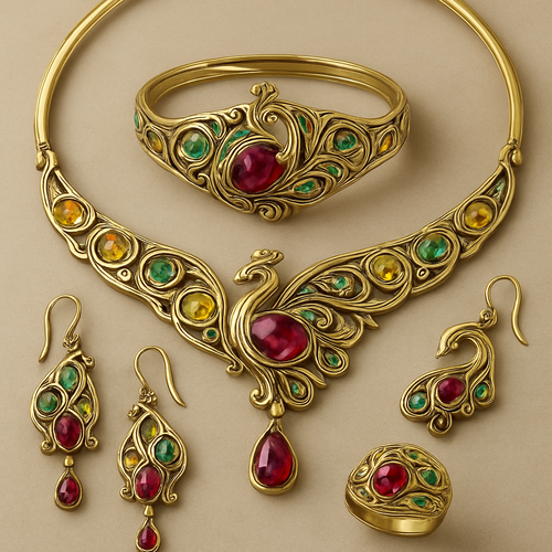 A full Ruby jewelry set including bracelet with at least 10 citrine and green topaz inlays with peacock themes and an omega necklace