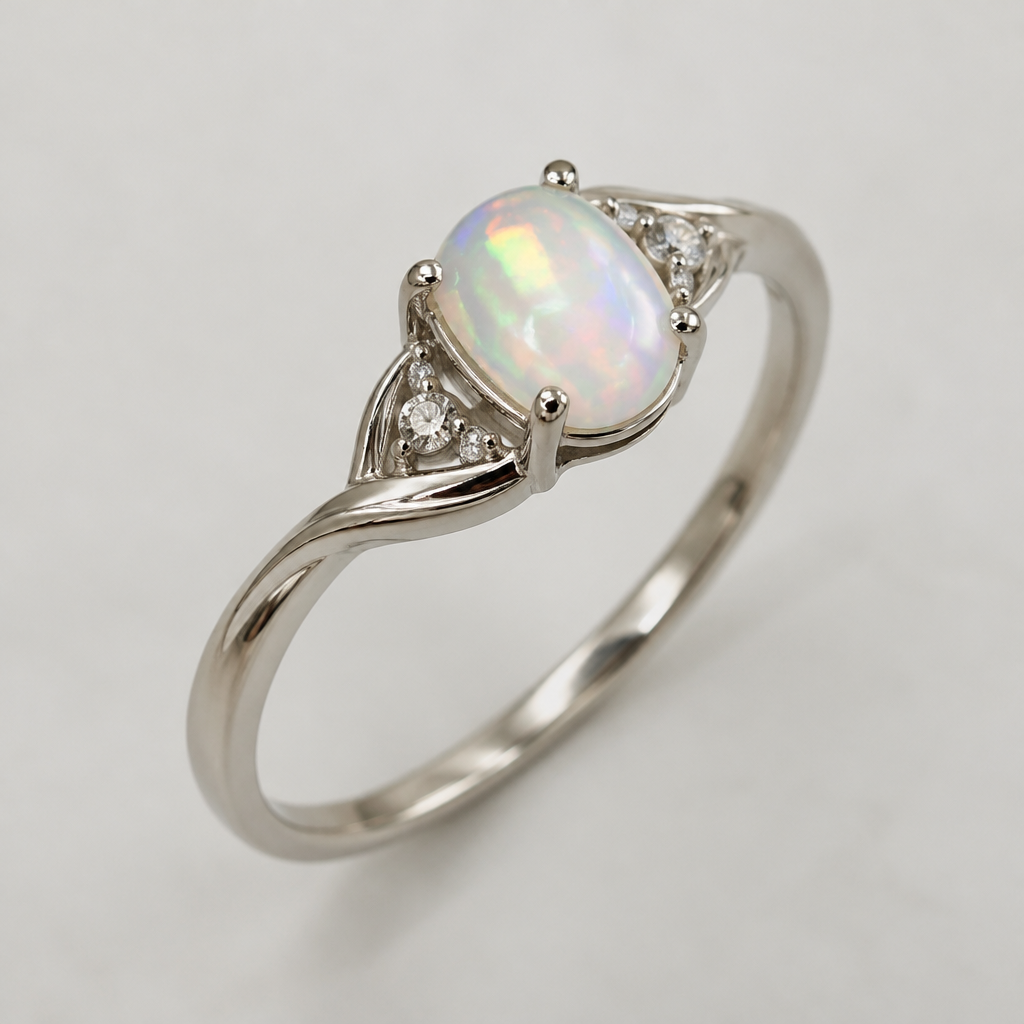 A modern women's ring made of white gold with opal stones suitable for daily wear. Anillo delicado para cualquier ocasion sin exceso delujos
photorealistic jewelry design, A modern women's ring made of white gold with opal stones suitable for daily wear. Anillo delicado para cualquier ocasion sin exceso delujos, modern style, just the design no text