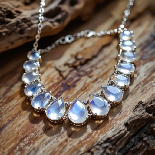 A 50 carat drop-cut moonstone necklace with silver lining around it 