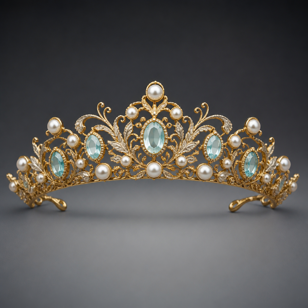 A vintage women's tiara made of gold with pearl and aquamarine stones suitable for formal, highly ornate, intricate and elaborate, richly detailed. delicado y sencillo
photorealistic jewelry design, A vintage women's tiara made of gold with pearl and aquamarine stones suitable for formal, highly ornate, intricate and elaborate, richly detailed. delicado y sencillo, vintage style, just the design no text