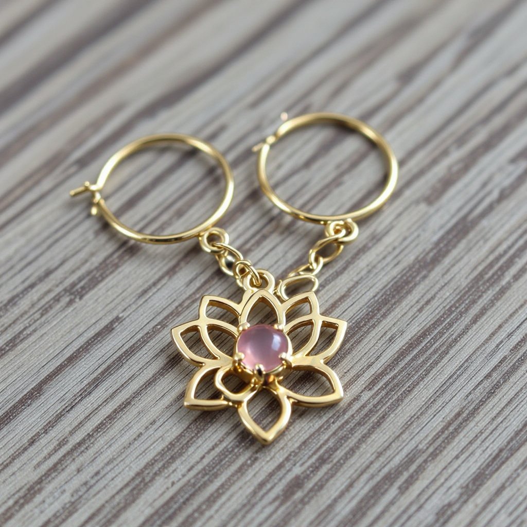 Серьги небольшие кольца, подвеска в виде золотого лотоса шестью лепестками с маленьким розовым кварцем по центру