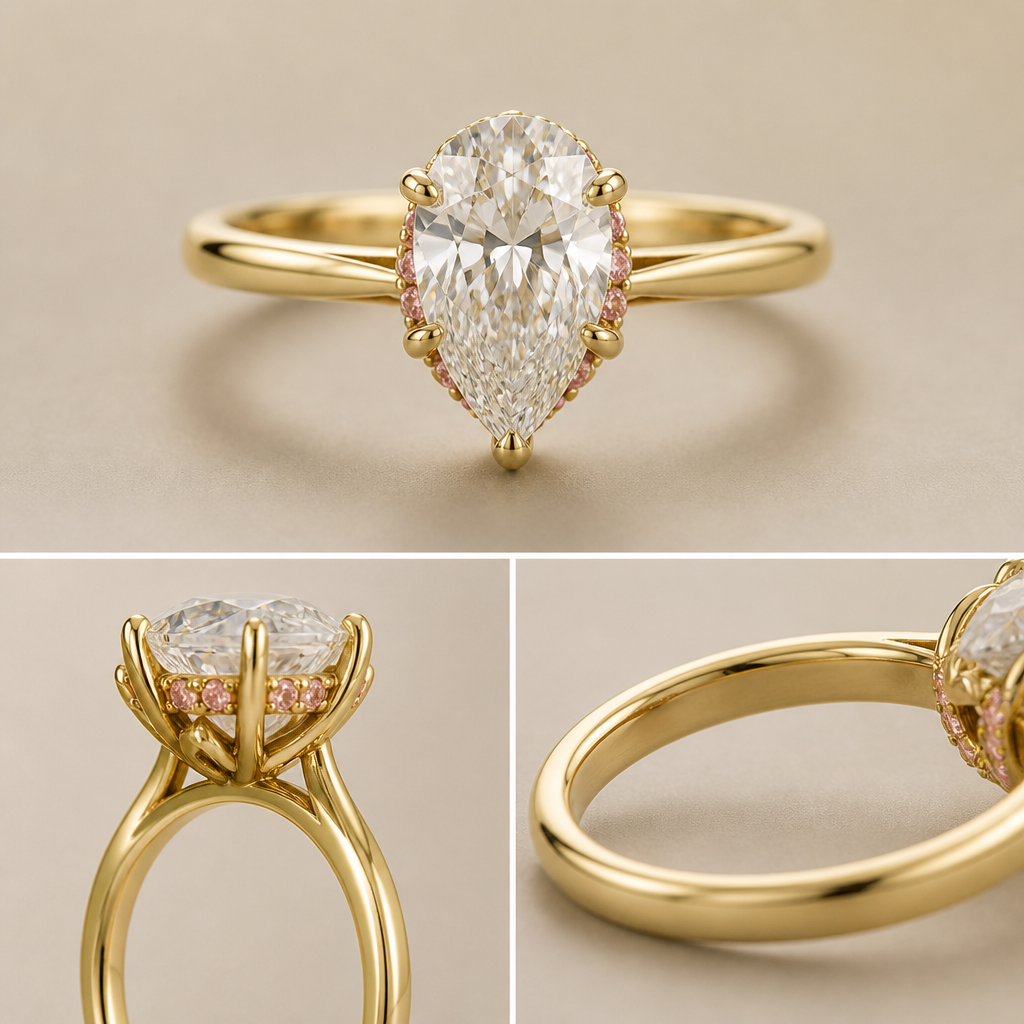 -Metal to be 14-18ct yellow gold
-Main stone - lab grown diamond, pear shape cut
-Hidden halo - lab grown pink sapphires
-Ct weight of stones all together to be 4-5ct
-Engraving on the main band in the inside to be
“Always In Your Corner”
-Tulip basket holding the main stone
- ring size is a 52 in Pandora sizes unsure on letter sizing