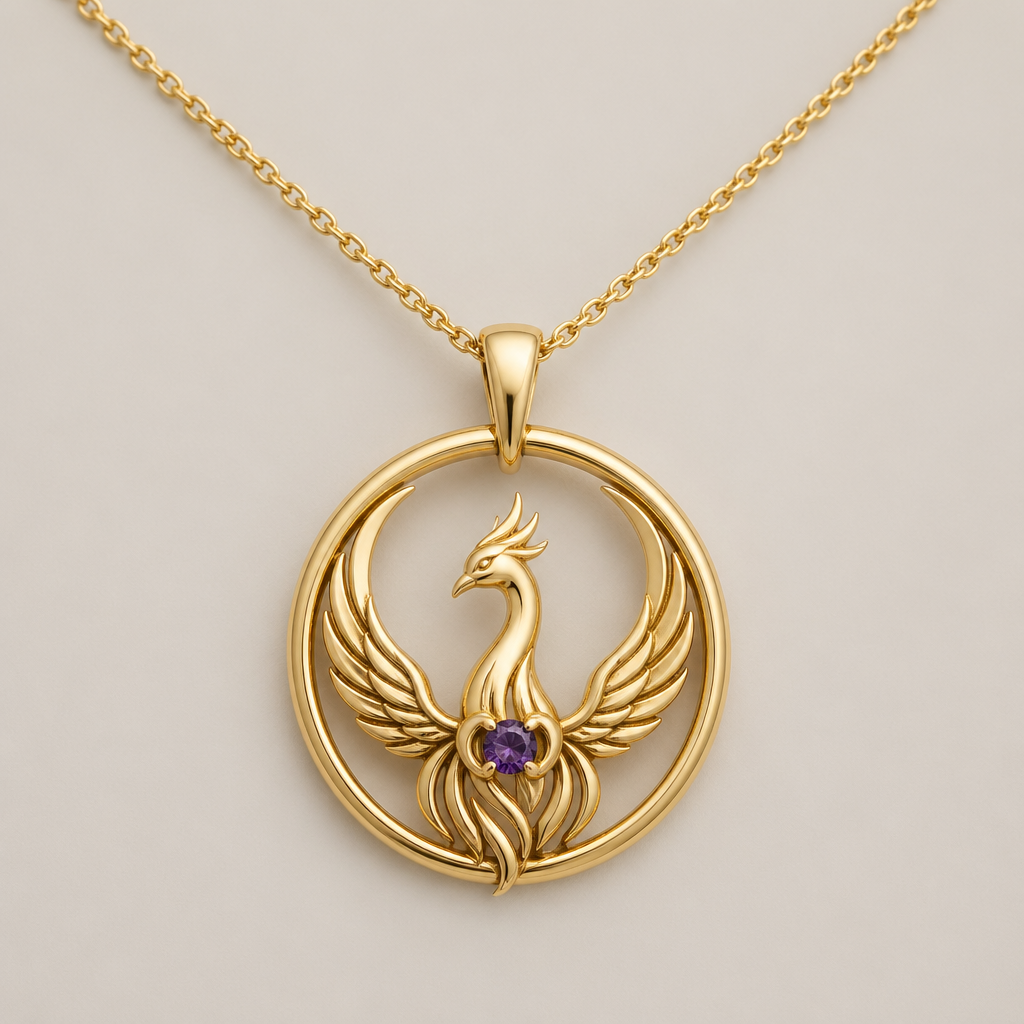 A minimalist women's pendant made of gold with amethyst stones suitable for daily wear. um pendent, em ouro, a joia em si, um circulo com a fenix no centro segurando a pedra pequena amethyst. um fio simples para usar no dia a dia com umtoque de charme
photorealistic jewelry design, A minimalist women's pendant made of gold with amethyst stones suitable for daily wear. um pendent, em ouro, a joia em si, um circulo com a fenix no centro segurando a pedra pequena amethyst. um fio simples para usar no dia a dia com umtoque de charme, minimalist style, just the design no text