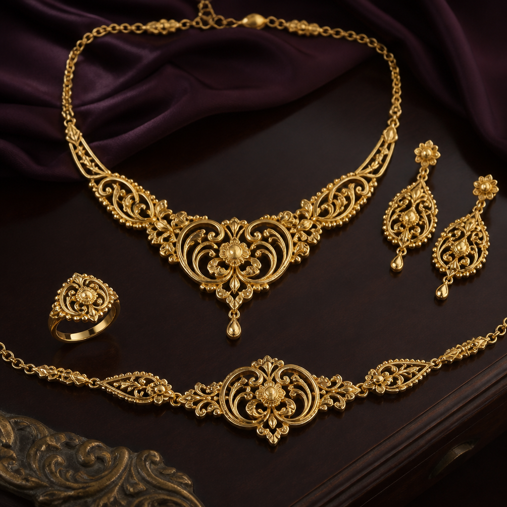 A victorian women's necklace made of gold, detailed and decorative, moderately ornate. make earrings and ring and bracelet with it as same design
photorealistic jewelry design, A victorian women's necklace made of gold, detailed and decorative, moderately ornate. make earrings and ring and bracelet with it as same design, victorian style, just the design no text