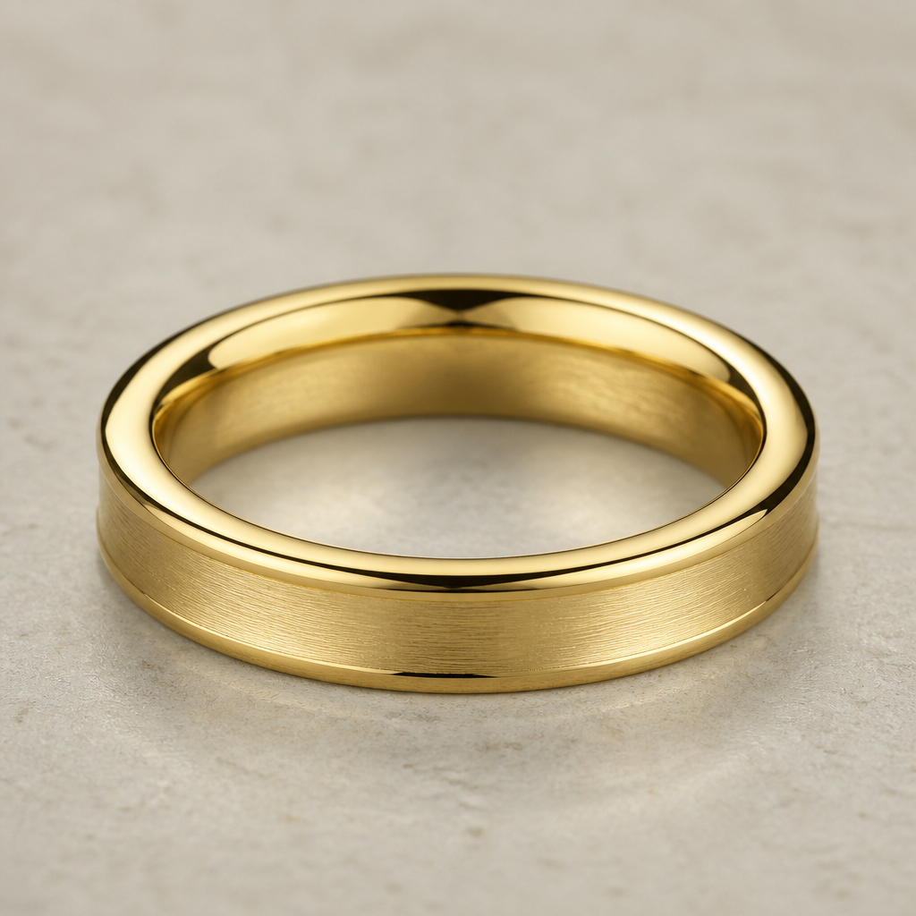 A minimalist women's ring made of gold. "A minimalist solid 18k yellow gold wedding band, tire-shaped style (concave band with raised edges). Exact proportions: 2.5mm width and 2.5mm thickness, creating a thick, robust and square-profile look. High-polish finish on the edges and a subtle satin/brushed finish inside the concave center. Studio lighting, luxury jewelry rendering, realistic macro shot."
photorealistic jewelry design, A minimalist women's ring made of gold. "A minimalist solid 18k yellow gold wedding band, tire-shaped style (concave band with raised edges). Exact proportions: 2.5mm width and 2.5mm thickness, creating a thick, robust and square-profile look. High-polish finish on the edges and a subtle satin/brushed finish inside the concave center. Studio lighting, luxury jewelry rendering, realistic macro shot.", minimalist style, just the design no text