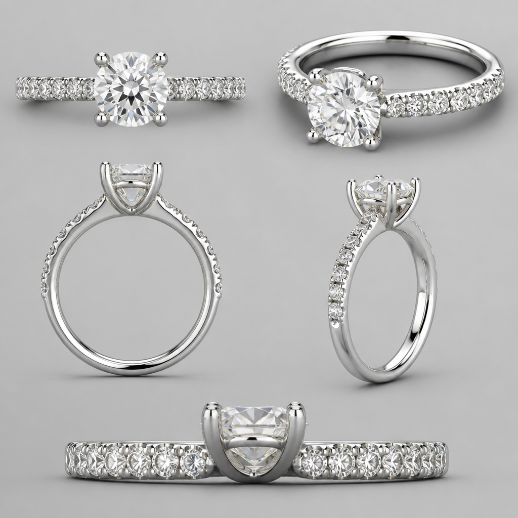 I want it open concept so u can see the diamonds form all angles. I want claw prongs. 4 prong .
2mm band with 1 row pave going 3 quarters of the way down. Comfort fit rounded inside
photorealistic jewelry design, I want it open concept so u can see the diamonds form all angles. I want claw prongs. 4 prong .
2mm band with 1 row pave going 3 quarters of the way down. Comfort fit rounded inside , modern style, just the design no text