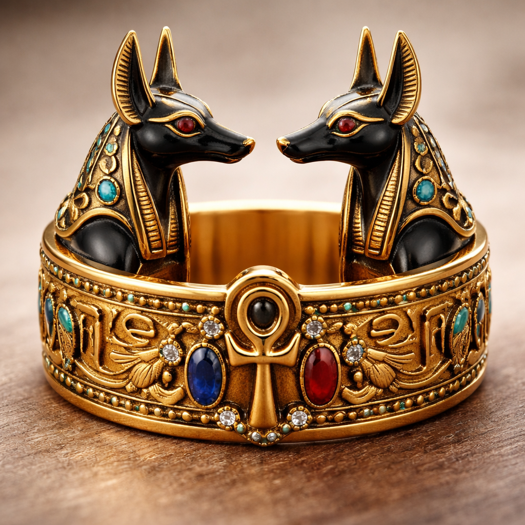 A gold band with Egyptian jackal guards on
A gold band with Egyptian jackal guards on, egyptian style