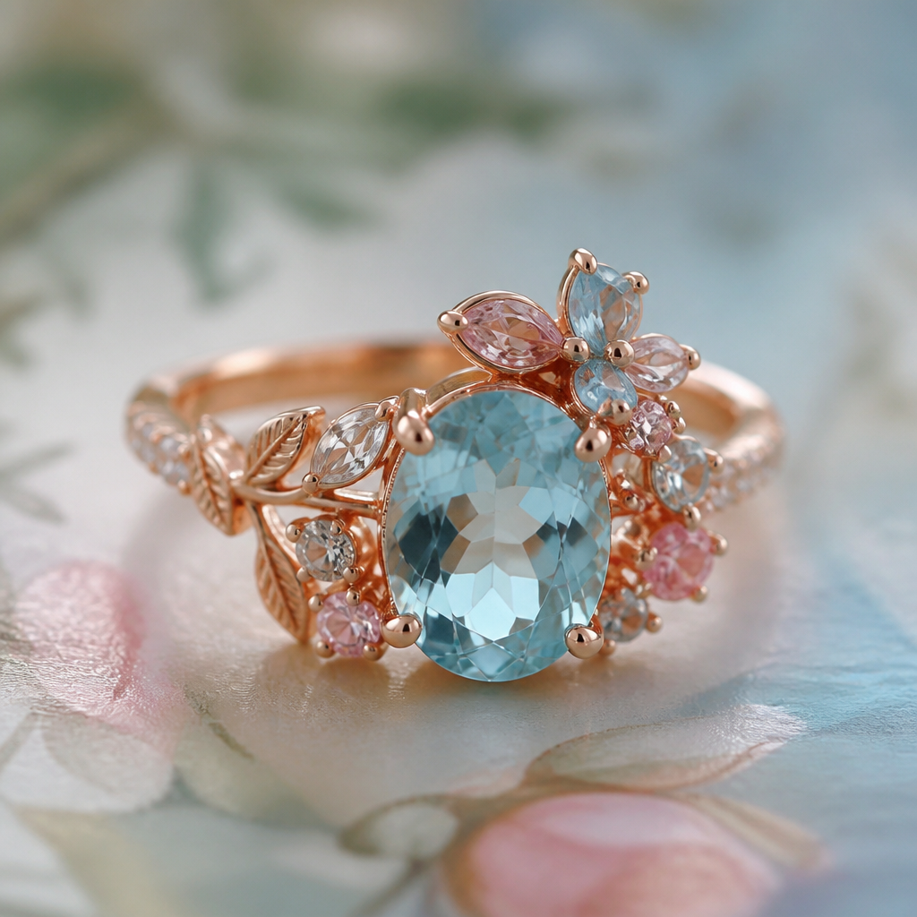 A romantic women's ring made of rose gold with aquamarine stones suitable for anniversary. mimics the soft textures and colors of the painting, using greens, blues, and hints of pink style, ultra realistic.
photorealistic jewelry design, A romantic women's ring made of rose gold with aquamarine stones suitable for anniversary. mimics the soft textures and colors of the painting, using greens, blues, and hints of pink style, ultra realistic., romantic style, just the design no text