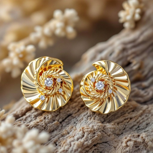 Золотые серьги в виде золотой спиральной ракушки украшенной тремя маленькими камнями 