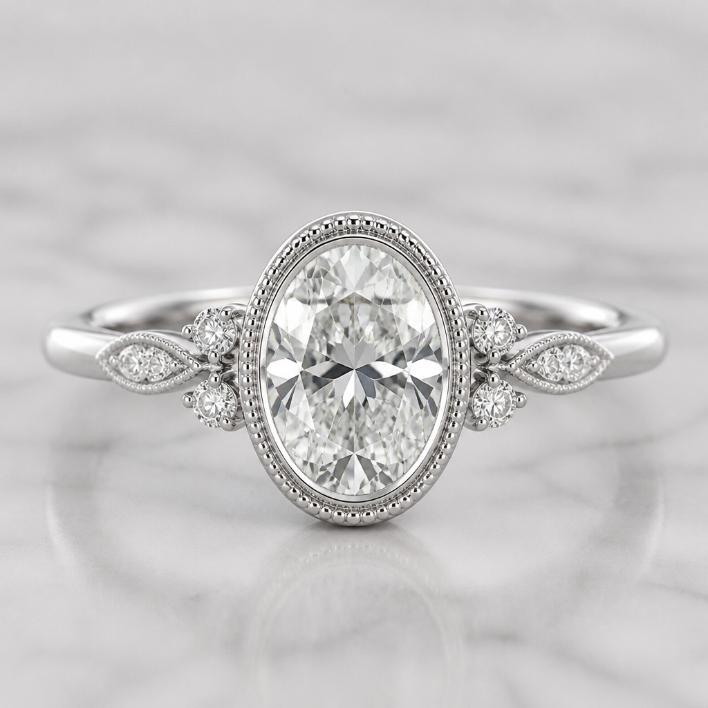 A romantic women's ring made of white gold with diamond stones suitable for engagement. oval 2.7ct with mulgrain. bezel set
photorealistic jewelry design, A romantic women's ring made of white gold with diamond stones suitable for engagement. oval 2.7ct with mulgrain. bezel set, romantic style, just the design no text