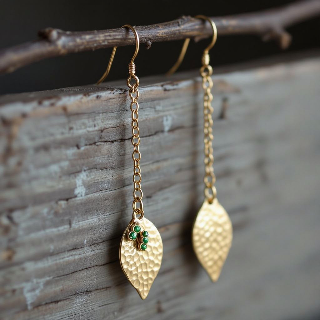 Серьги длинные на цепочках матовое золото мятое. Символ листок с прожилками на нем маленькие зеленые  камушки