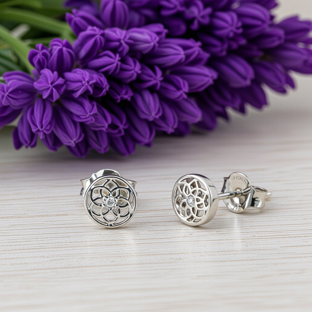Пуссеты винтовой замок круглый символ цветка жизни с маленьким фианитом по центру
