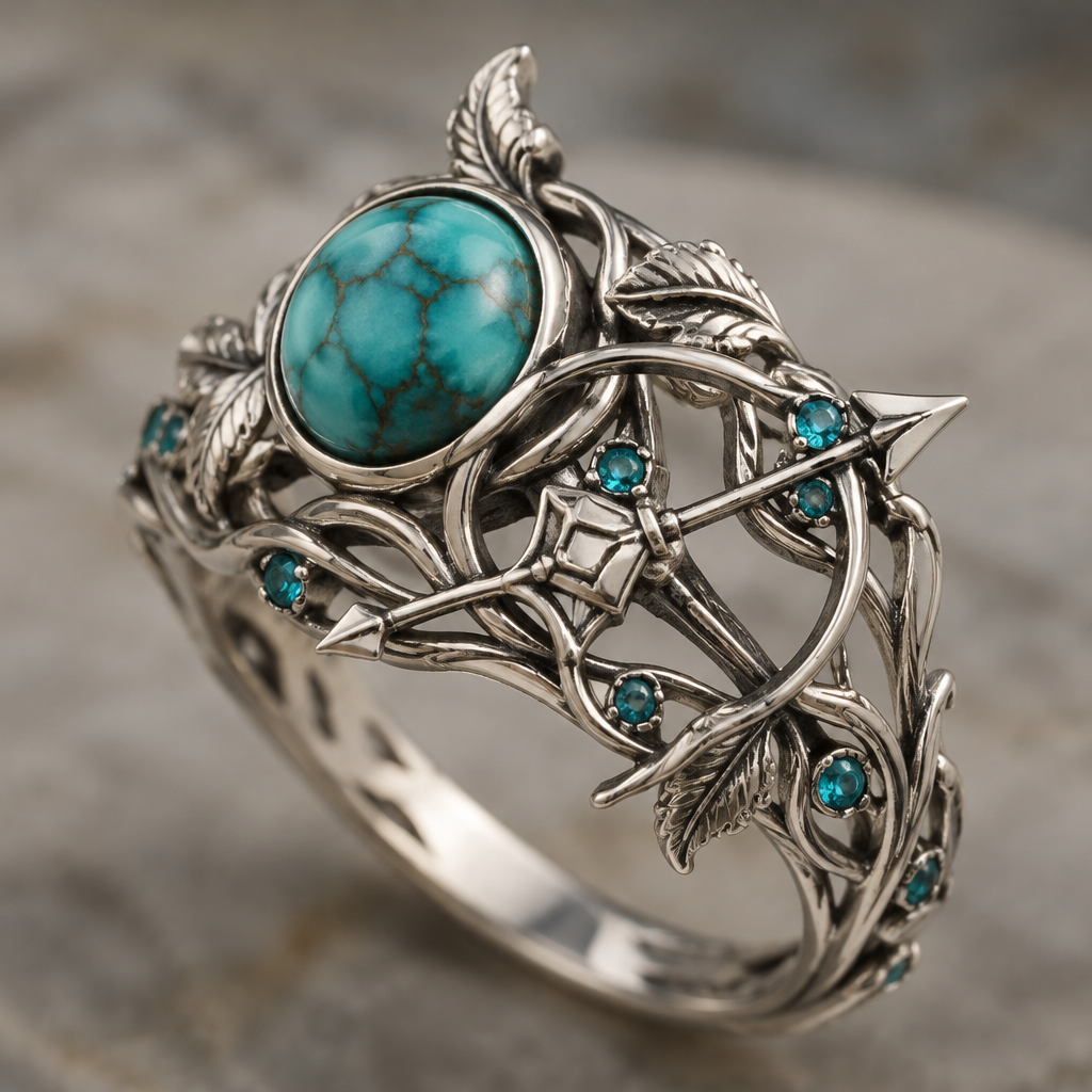 A women's ring made of silver with turquoise stones suitable for daily wear, highly ornate, intricate and elaborate, richly detailed. anillo de plata con signo de sagitario, poder creador, exotico, enredadera
photorealistic jewelry design, A women's ring made of silver with turquoise stones suitable for daily wear, highly ornate, intricate and elaborate, richly detailed. anillo de plata con signo de sagitario, poder creador, exotico, enredadera, modern style, just the design no text