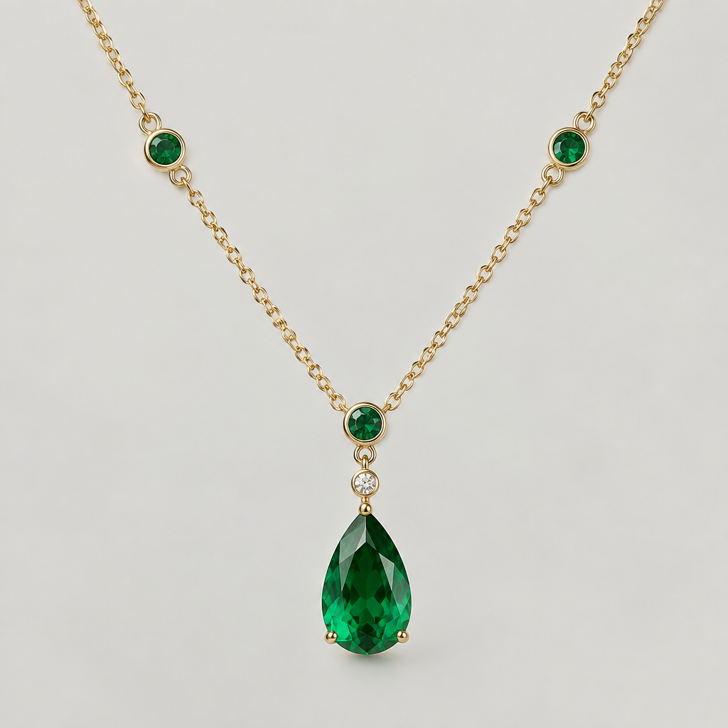 Green gems on necklace
photorealistic jewelry design, Green gems on necklace, minimalist style, just the design no text