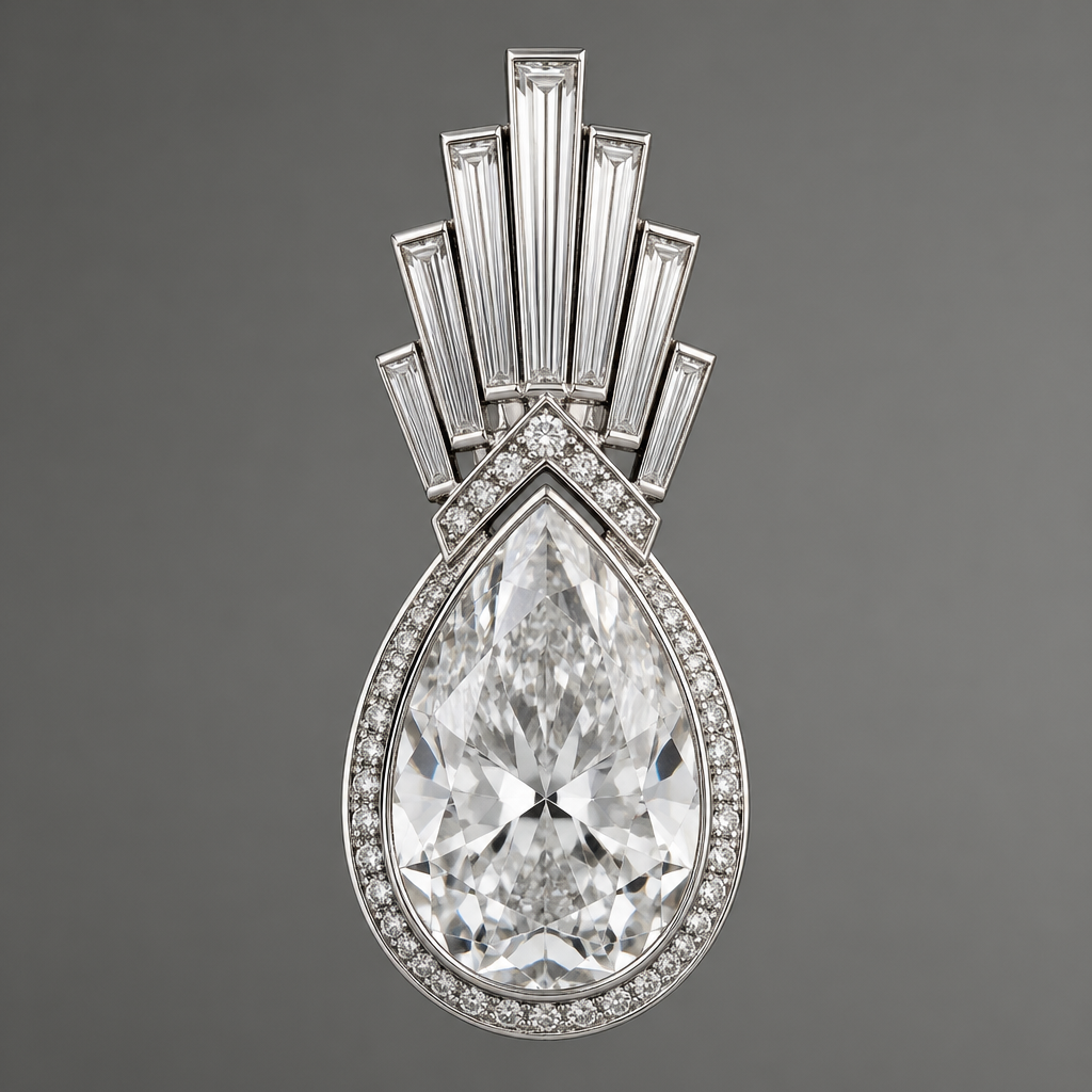 Large teardrop with long baguettes at top. Pendant slide
photorealistic jewelry design, Large teardrop with long baguettes at top. Pendant slide
, art_deco style, just the design no text