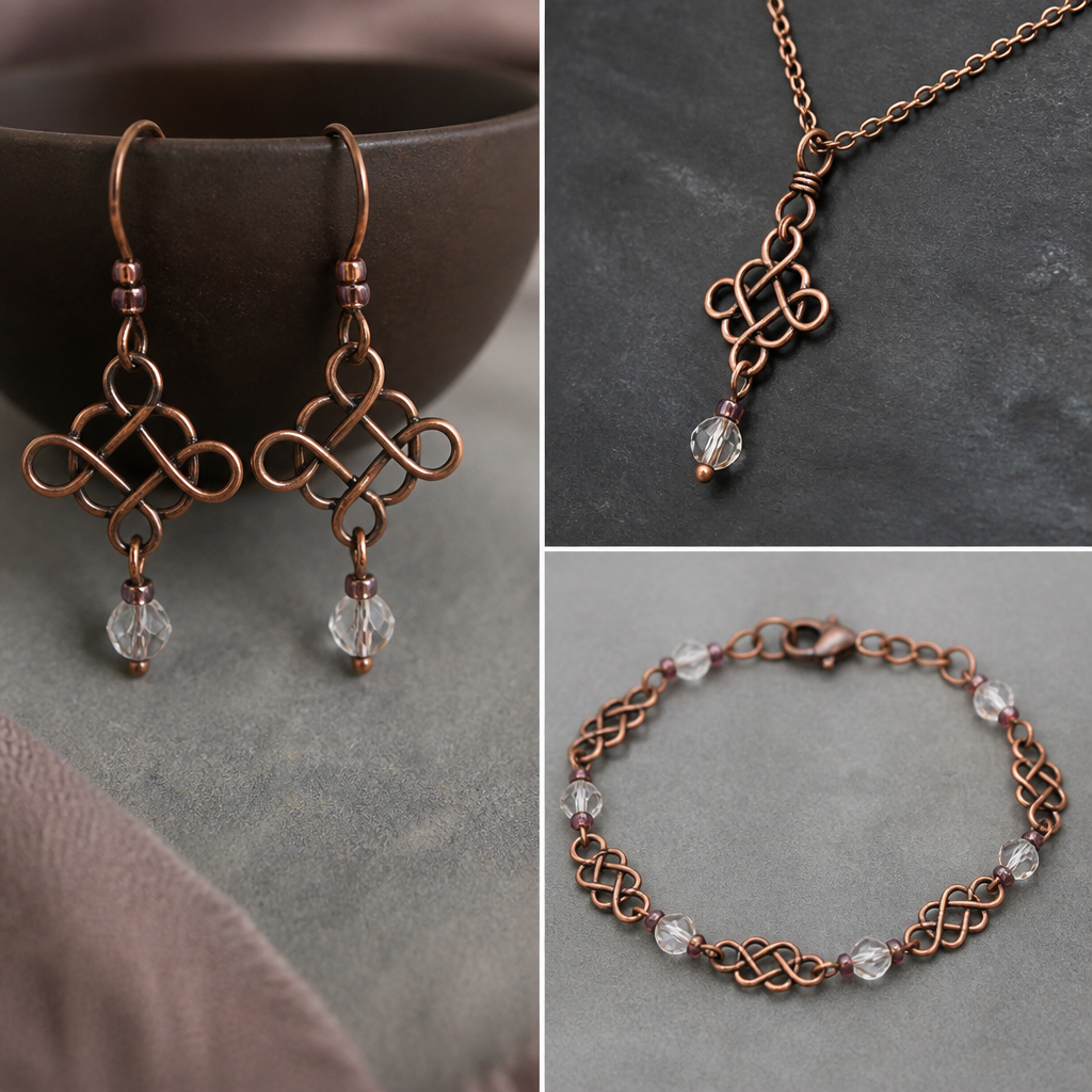 A celtic women's earrings made of copper suitable for daily wear, minimalist, simple and delicate, clean lines. made from wire, seed beads and crystal beads a set of earrings with matching bracelet and necklace
photorealistic jewelry design, A celtic women's earrings made of copper suitable for daily wear, minimalist, simple and delicate, clean lines. made from wire, seed beads and crystal beads a set of earrings with matching bracelet and necklace, celtic style, just the design no text