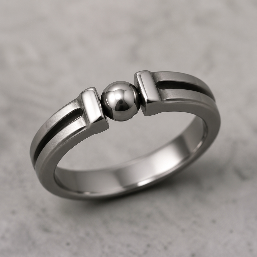 A women's ring. an anxiety ring made of titanium. featuring a rotatable bead in the center
photorealistic jewelry design, A women's ring. an anxiety ring made of titanium. featuring a rotatable bead in the center, modern style, just the design no text