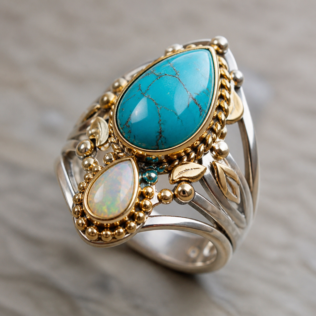 A modern women's ring made of mixed metal with turquoise and opal stones suitable for festival. A modern women ring with little ornaments of modern motifs.
photorealistic jewelry design, A modern women's ring made of mixed metal with turquoise and opal stones suitable for festival. A modern women ring with little ornaments of modern motifs., modern style, just the design no text