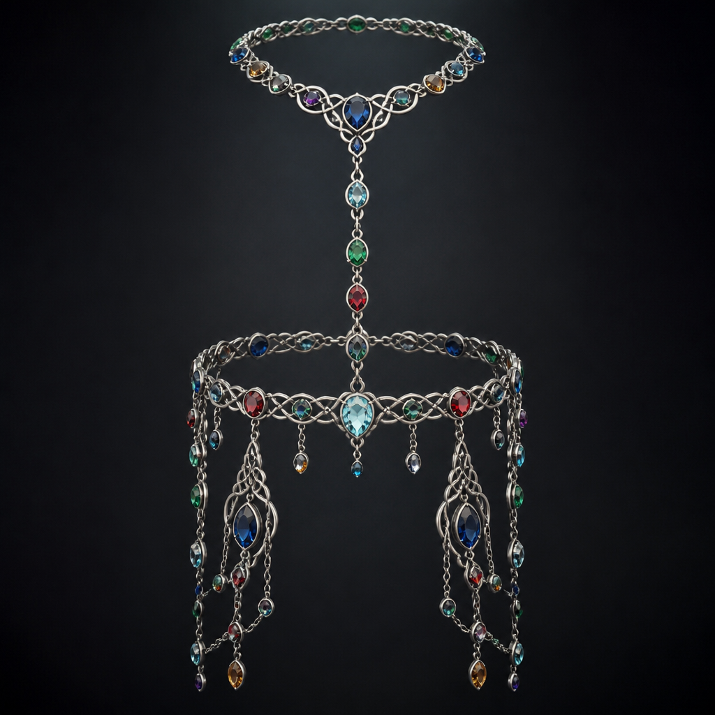 A celtic women's ring made of silver with sapphire and ruby and emerald and aquamarine and topaz stones suitable for party. make me a piece that goes around the waist but is attached to it at the neck by a chain with colorful stones and leg pieces that attach like a belly dancers outfit
photorealistic jewelry design, A celtic women's ring made of silver with sapphire and ruby and emerald and aquamarine and topaz stones suitable for party. make me a piece that goes around the waist but is attached to it at the neck by a chain with colorful stones and leg pieces that attach like a belly dancers outfit, celtic style, just the design no text